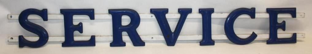 Service Porcelain Embossed Channel Letter Gulf Gas Service Station Sign: These embossed porcelain letters are attatched to the original porcelain rails. They are in very nice condition with only some minor fading to the blue, and a few small chips and edge wear. This sign 
