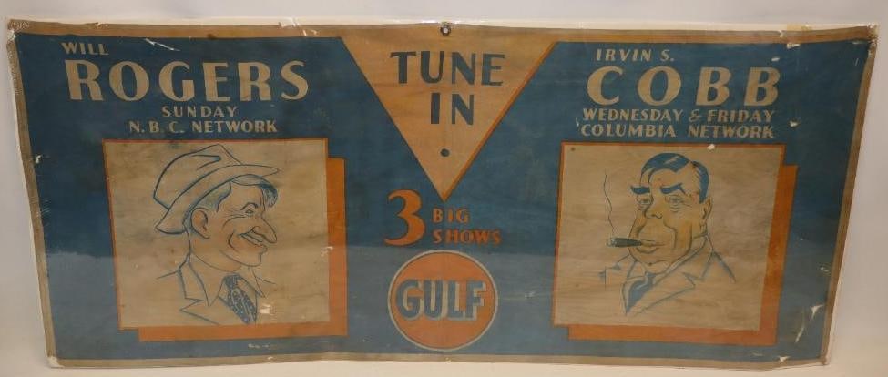 1930's Gulf Oil Company Advertising Canvas Banner with Will Rodgers and Irvin Cobb (1 of 5)