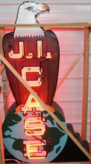 J. I. Case Tractor Dealership Die Cut Eagle Double Sided Neon Sign: This early tractor dealership sign is double sided tin and has been fully repainted. This neon is in good working condition. The crate measures 37.5" x 20" x 47.5". The neon itself measures 30" x 9.5"