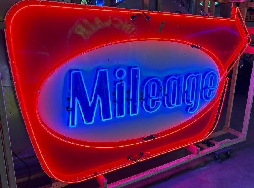 Milage Gas Station Neon Light Up SSP Porcelain Advertising Sign: This sign has good color and gloss with minor surface wear and scratches to the field. There are a few small chips throughout. This original ssp sign has neon and a can added. This neon is in good wor