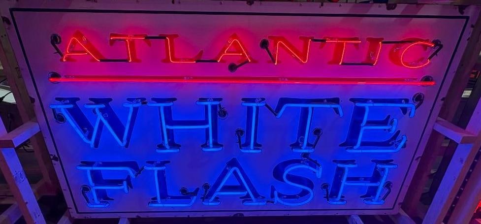 Atlantic White Flash Gas Station Neon Light Up SSP Porcelain Advertising Sign: This original SSP Porcelain Atlantic service station sign has neon and a can added, and is ready to be displayed! It has good color and gloss with a few minor chips to the field, and light surface scr
