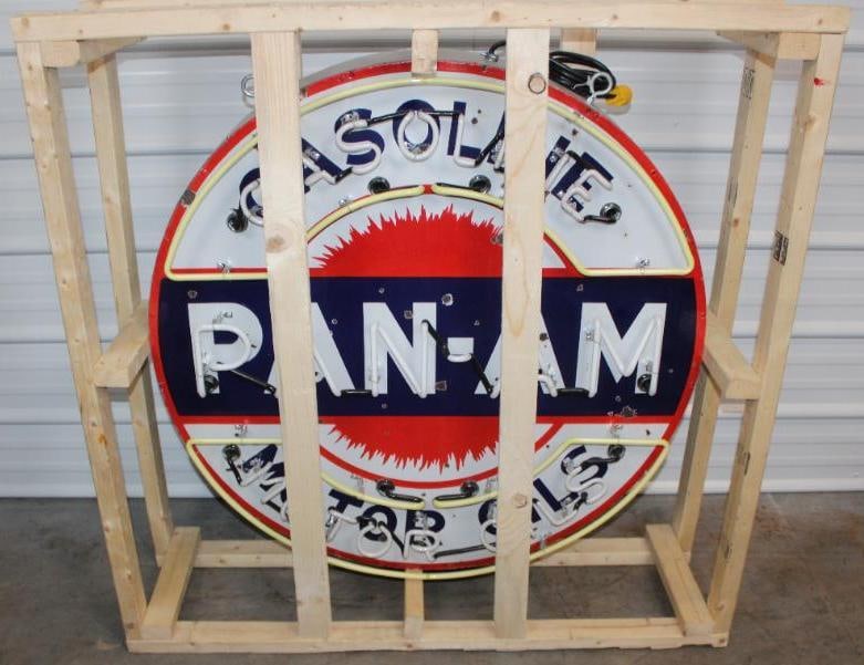 Pan-Am Motor Oils and Gasoline Flashing Neon SSP Porcelain Sign - 16