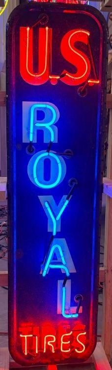 US Royal Tires Neon Light Up Sign: This is an original US Royal sign that has a can and neon work added. The sign does show some rust staining and wear throughout, but is ready to hang and display. This neon is in good working conditio