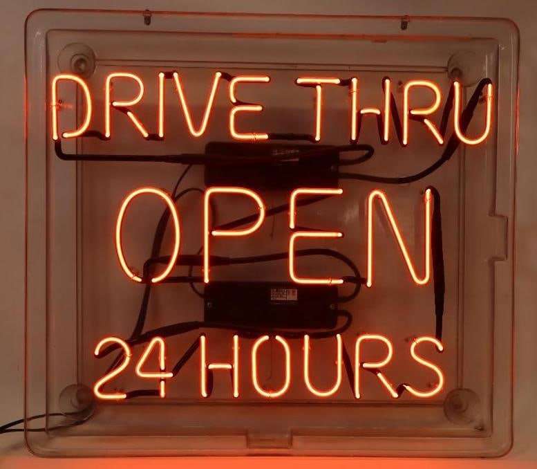 Drive Thru Open 24 Hours Neon Light Up Sign with Original Window Case: This neon is in good working condition and is ready to be displayed. The case measures 30.5" x 27.5" x 5". The neon itself measures 27" x 20.5"