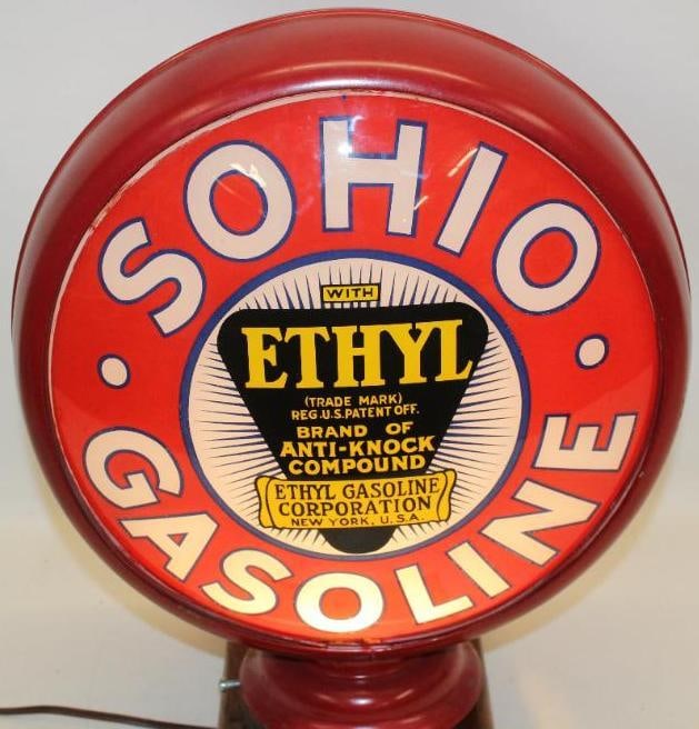 Complete Sohio Ethyl Gasoline 15" Metal Body Gas Pump Globe: The display lens is in very nice condition. The reverse has very minor wear at the bottom edge. The lens measures 15" in diameter and the overall measurments are 19" x 17" x 8".