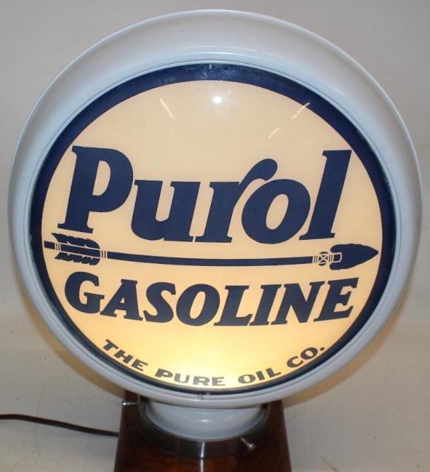 Complete Pure Purol Gasoline 15" metal Body Gas Pump Globe: The display lens is very nice with only minor wear. The reverse shows some areas of paper marks, and minor paint loss. The lens measures 15" in diameter and the overall measurments are 19" x 17" x 8".
