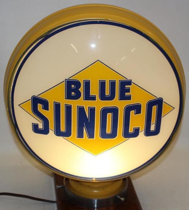 Complete Blue Sunoco 15" Metal Body Gas Pump Globe: Both lenses of this globe are in very good condition. Each lens measures 15" in diameter with an overall measurment of 19" x 17" x 8".