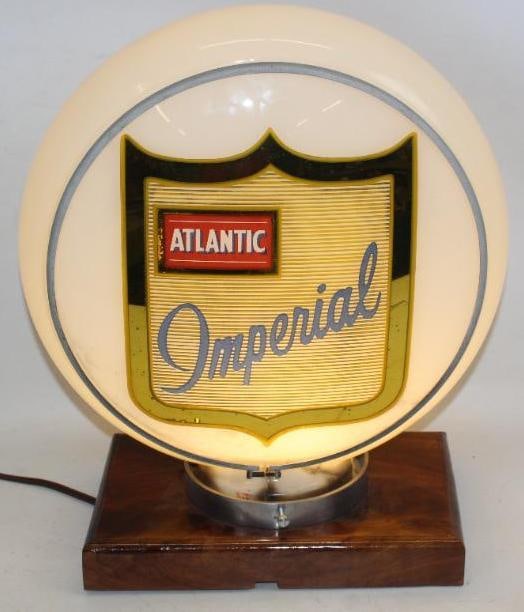 Complete Atlantic Imperial 13.25" Gas Pump Globe on Gill Body: Both lenses are in good overall condition with only minor wear. The body does have a couple of cracks below the lenses to the base. This globe measures 16.5" x 16" x 8".