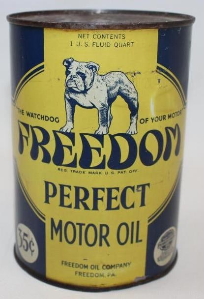 Freedom Perfect 35 Cent Metal One Quart Oil Can: The display side is very nice with only minor wear and a couple areas of slight discoloration. There are two holes in the bottom lid. It measures 5.5" x 4" x 4" and is graded 8.5.