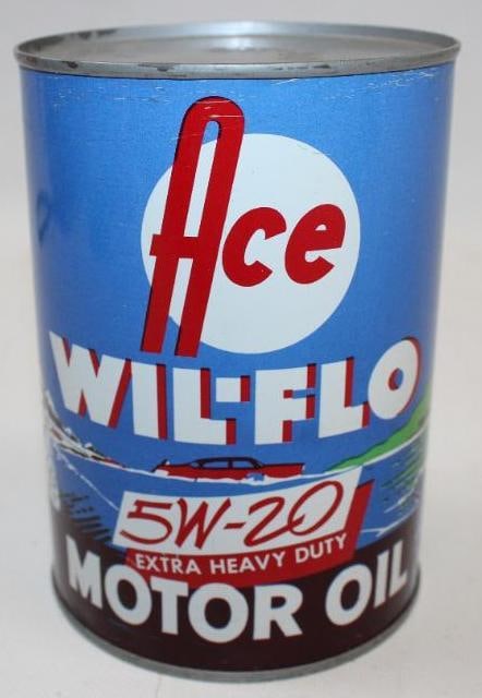 Ace Wil-Flo Metal One Quart Oil Can: This can is in excellent condition with only minor wear near the top and bottom edges. It remains full and unopened. It measures 5.5" x 4" x 4" and is graded 9.