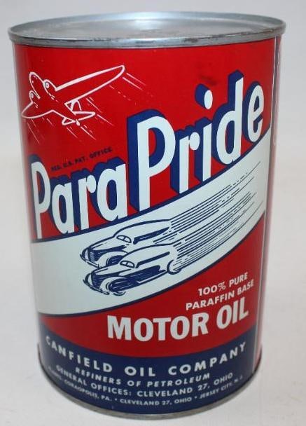 Canfield Para Pride Metal One Quart Oil Can: This can is in amazing condition and remains full. It would be very difficult to find a nicer example. It measures 5.5" x 4" x 4" and is graded 9+.