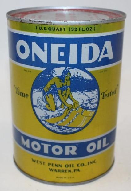 Oneida Outboard Metal One Quart Oil Can: This can remains full and unopened and is excellent overall condition. The display side is very nice while there are a few small dents on the reverse. It measures 5.5" x 4" x 4" and is graded 9.