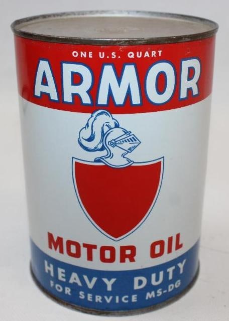 Armor Heavy Duty Metal One Quart Oil Can: This can is in excellent overall condition and remains full. It measures 5.5" x 4" x 4" and is graded 9+.