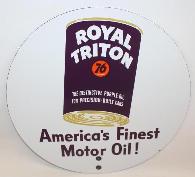 Royal Triton 76 America's Finest Motor Oil! SSP Porcelain Rack Topper Sign: This sign is in excellent overall condition with great color and gloss. This sign measures 14" diameter and is graded a 9.5.