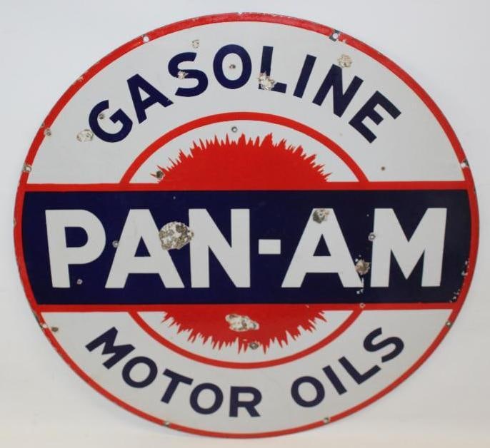 Pan-Am Gasoline and Motor Oils 30" DSP Porcelain Advertising Sign: The display side of this sign shows a few chips to the field, as well as some minor surface wear. The reverse is similar with some additional staining in the outer white areas. It also has four small 