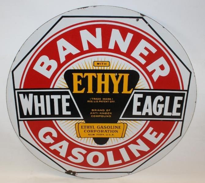 White Eagle Banner Gasoline with Ethyl 30" DSP Porcelain Advertising Sign: The display side of this sign has good color and gloss with some very fine surface scratches. There are also some eraser sized chips in the field. There is minor surface wear and some chips at the mou