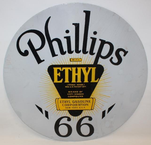 Phillips 66 with Ethyl Gasoline 30" DSP Porcelain Advertising Sign: This is a very difficult to find early Phillips 66 30" sign. It shows good color and gloss on both sides, but does have numerous areas of color matched touch up. It also shows areas of crazing to the 