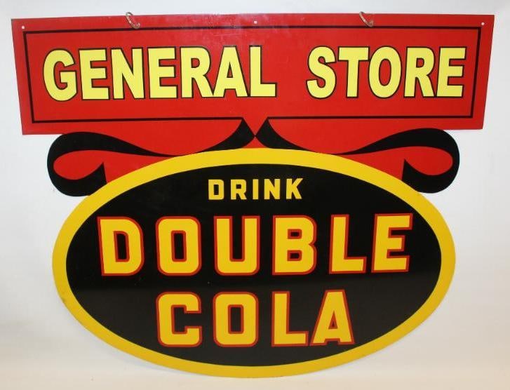 Drink Double Cola General Store Die Cut DST Advertising Sign: This sign is in excellent overall condition with great color and gloss throughout. The general store wording has been added as vinyl decals. This sign is marked Robertson 2-54. This sign measures 42.5