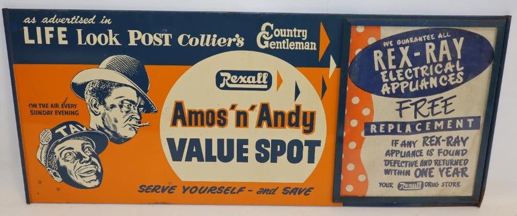 Rexall Amos 'n' Andy Value Spot DST Display Sign: This is a great double sided metal display sign with interchangable ad frames. The display side has great color and gloss with only minor wear throughout the field. The reverse has some crazing to