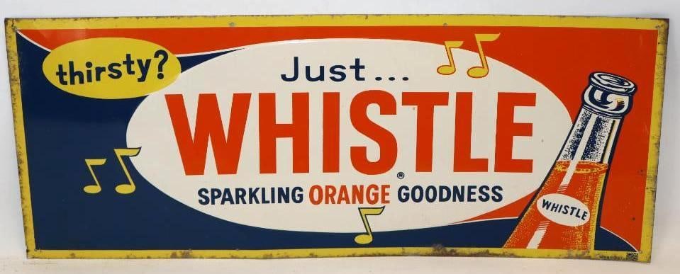 Embossed Whistle Soda SST Advertising Sign: This is marked CMSC in the lower right corner. The field is very nice throughout with only minor wear. There is some rust staining and edge wear along the perimeter. It measures 30" x 12" and is grade