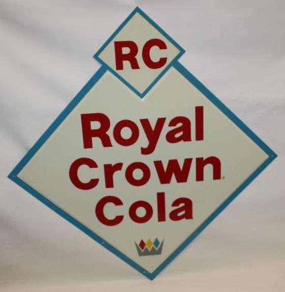 NOS Royal Crown Cola Embossed SST Advertising Sign with Original Box: This NOS sign comes with the original box from the MCA Sign Company. It is in excellent condition with great color and gloss throughout. There is very minor storage wear. This sign is marked RC-608 an