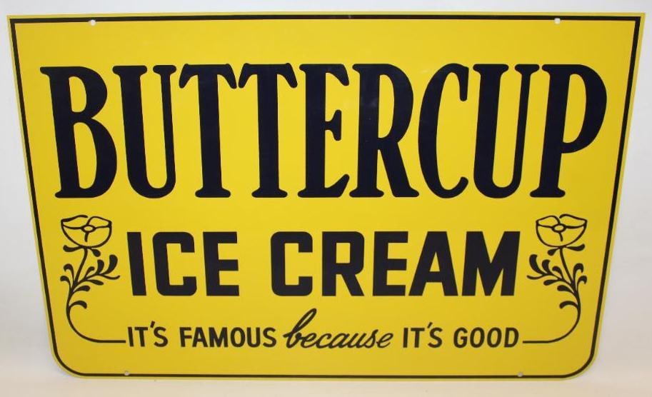 Buttercup Ice Cream It's Famous Because It's Good DST Advertising Sign: This sign is in excellent overall condition with great color and gloss with only minor surface wear visible. This sign measurs 36" x 24". It is graded a 9.25 on the display side and a 9 on the reverse