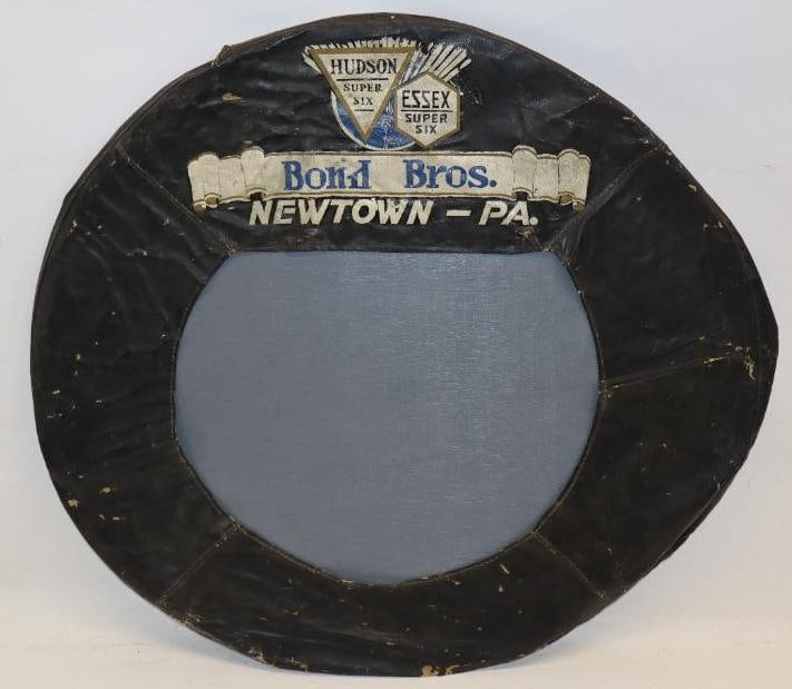 Hudson Essex Super Six Advertising Spare Tire Cover: This is a 1920-30's leather spare tire cover for the Bond Bros Dealership in Newtown Pennsylvania. It does show some slight creases and wear throughout, but presents very well. It measures 30" x 30".