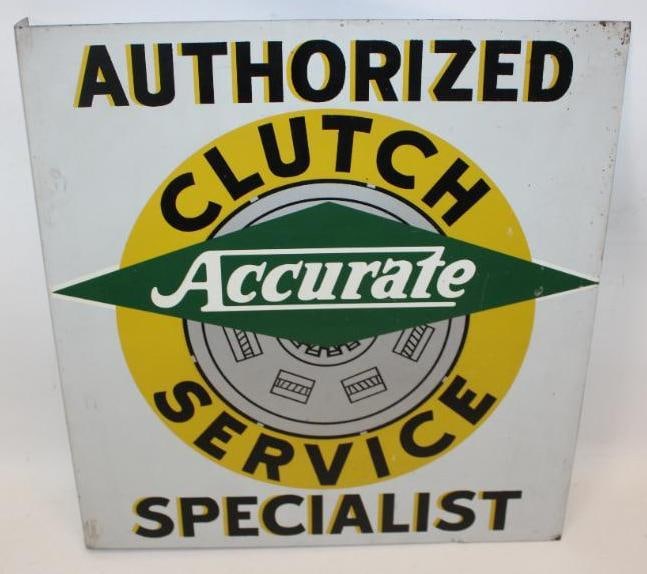 Accurate Authorized Clutch Service Specialist DST Flange Sign: This sign shows bright colors throughout with some minor rust spots near the perimeter. The field on both sides displays very well with only minor wear. This sign measures 16" x 17". It is graded a 8.