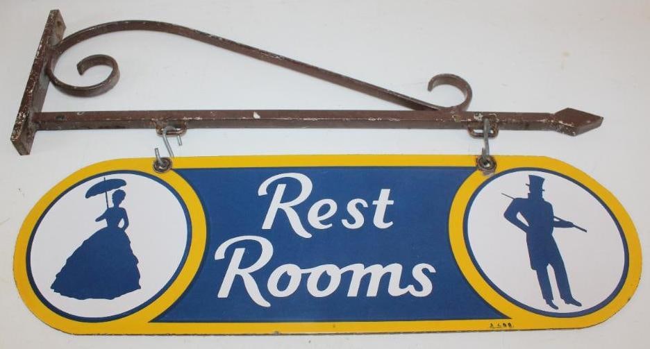 Sunoco Service Station Rest Rooms DSP Porcelain Sign with Original Hanging Backet: This sign is in excellent overall condition with good color and gloss. There is very minor surface wear along with some staining by the mounting holes. This sign is marked A 698. It measures 21" x 6.5