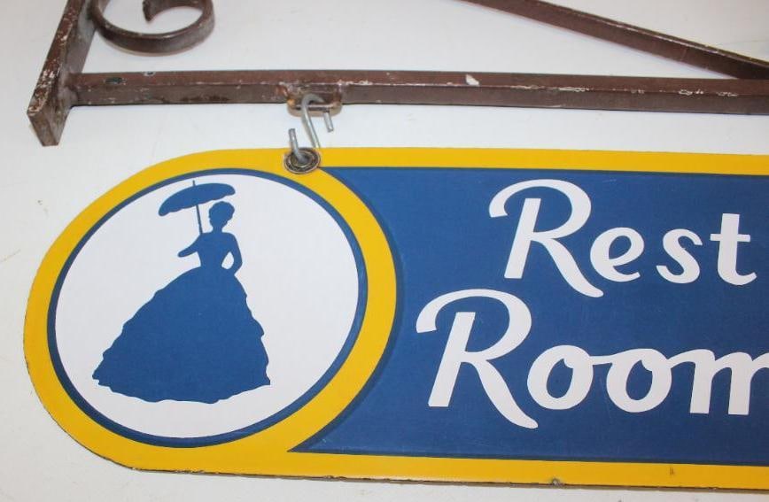 Sunoco Service Station Rest Rooms DSP Porcelain Sign with Original Hanging Backet - 2