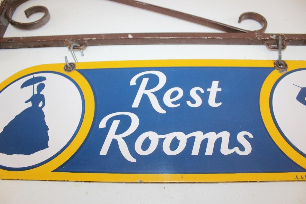 Sunoco Service Station Rest Rooms DSP Porcelain Sign with Original Hanging Backet - 3