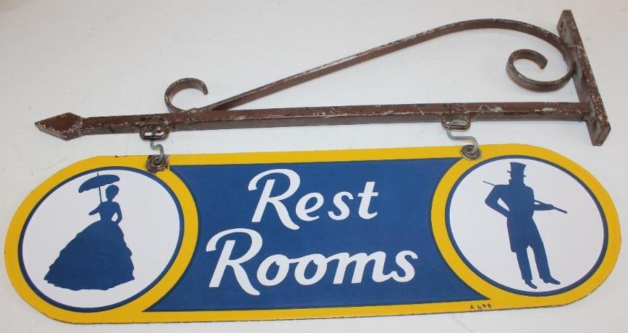 Sunoco Service Station Rest Rooms DSP Porcelain Sign with Original Hanging Backet - 7