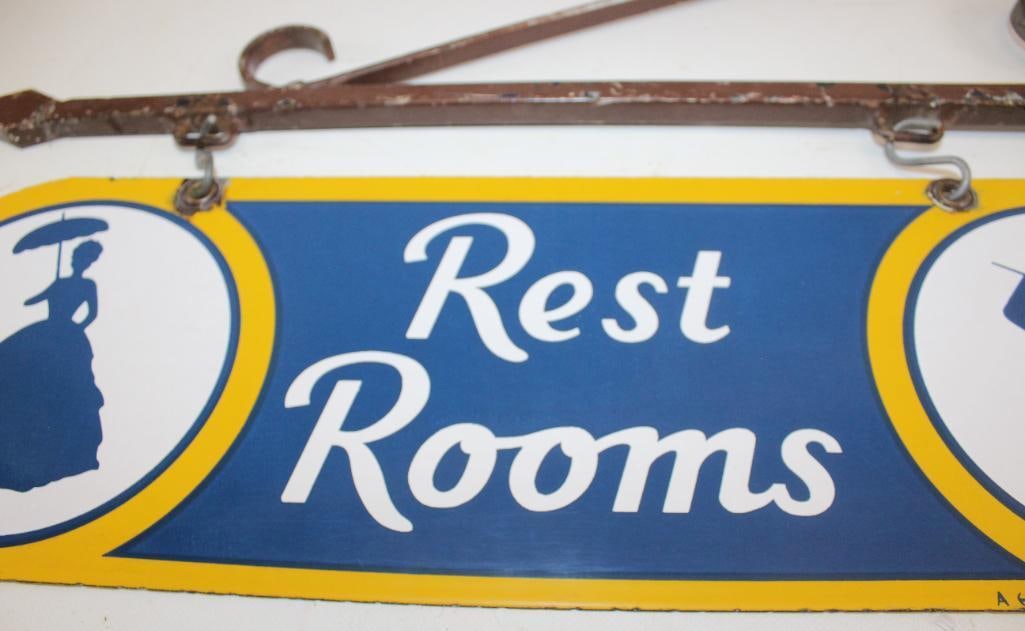 Sunoco Service Station Rest Rooms DSP Porcelain Sign with Original Hanging Backet - 9