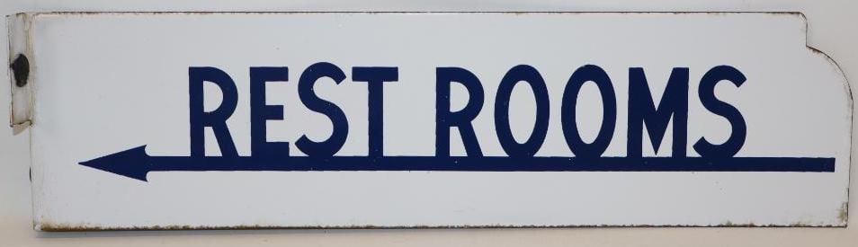 Restrooms DSP Porcelain Flange Sign: This sign measures 18.75" x 5" x 2". It displays very well with only minor edge edge wear on each side. It is graded a 9 on the display side and on the reverse.
