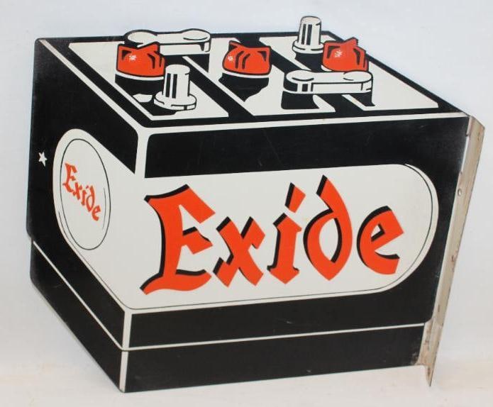 Exide Battery Die Cut DST Flange Sign: This flange sign is marked AM 4-57. The display side shows good color throughout with only light surface wear and scratches. The reverse has some discoloration to the white areas as well as some minor