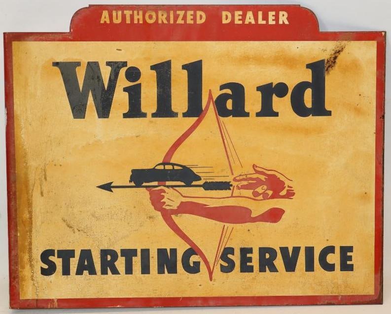 Graphic Willard Starting Service Authorized Dealer DST Advertising Flange Sign: This sign measures 22" x 2" x 17.75". This sign shows surface scratches and rust staining on the display side with heavier staining throughout the reverse. It is graded a 7 on the display side and a 6
