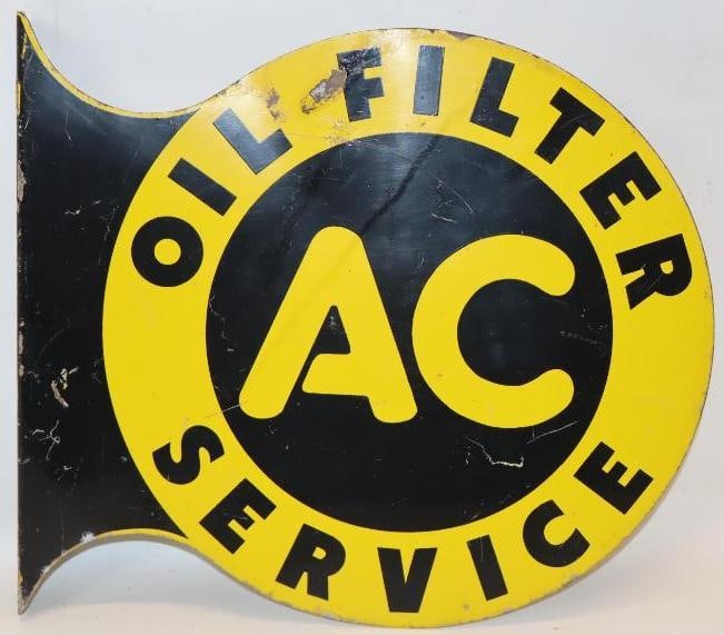 AC Oil Filter Service DST Flange Sign: This sign is marked A 1797. This sign measures 13.5" x 1.75" x 12". It has good color throughout with surface scratches and wear to both sides. It is graded a 7.75 on the display side and a 7.5 on the