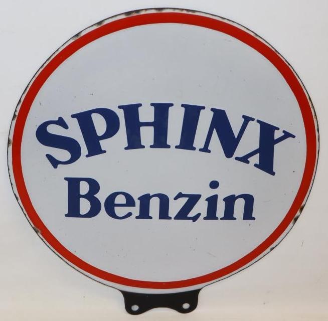 Sphinx Benzin DSP Porcelain Globe Styled Sign: This sign is in very good overall condition with only minor surface and edge wear. The reverse shows some slight fading to the blue lettering. This style sign would have mounted on top of a gas pump w