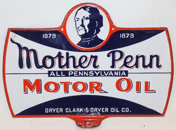 Graphic Mother Penn DSP Porcelain Lubester Paddle Sign: This desirable paddle sign shows great color and gloss throughout. The display side has some minor crazing near the edge and the reverse has a small chip at the top right corner. It is graded a 9 on t