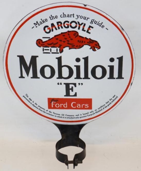 Gargoyle Mobiloil E for Ford Cars DSP Porcelain Paddle Sign: This sign shows great color and gloss on both sides with only some minor edge wear. There is very faint crazing visible on one side. It measures 8.75" x 10.75". It is graded a 9 on both sides.