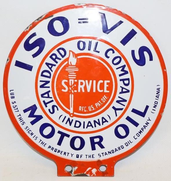 Standard Oil of Indiana Iso-Vis DSP Porcelain Lubester Paddle Sign: This sign measures 7.5" x 7". It shows great colors and gloss with only some slight edge wear on the display side and a few more edge chips on the reverse. It is graded a 9 on the display side and a 8