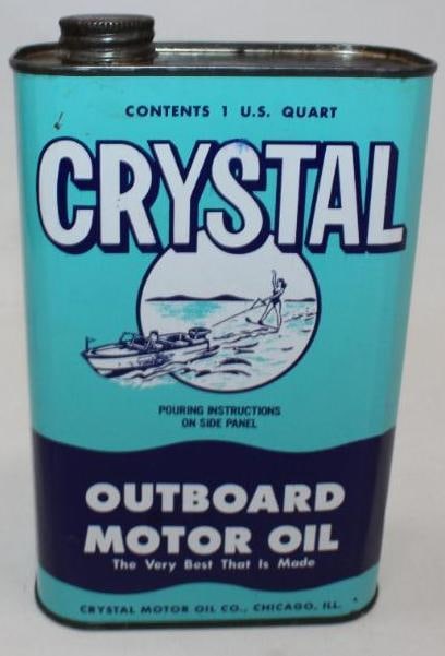 Crystal Flat Outboard 1 Quart Motor Oil Can: This can is in excellent condition with great color and gloss. It remains full and measures 7" x 4.5" x 2.25". This great graphic can is graded a 9.