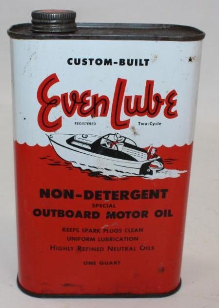 Even Lube Flat Outboard 1 Quart Motor Oil Can: This can shows some light rust spots and wear but displays very well. It measures 7" x 4.5" x 2.25" and is graded 8.5.