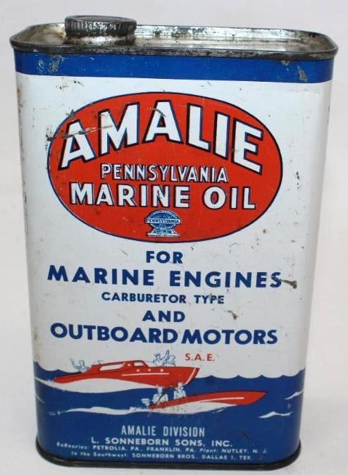Amalie Flat Outboard 1 Quart Motor Oil Can: This can has good original color with some light wear and surface scratches to the field but displays very well. It measures 7" x 4.5" x 2.25" and is graded an 8.25.