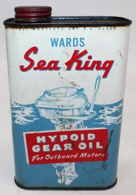 Sea King Flat Outboard 1 Quart Motor Oil Can: This can shows some slight wear and rust staining throughout but displays very well. It measures 7" x 4.5" x 2.25" and is graded an 8.
