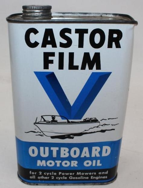 Castor Film V Flat Outboard 1 Quart Motor Oil Can: This can is in excellent condition with only a few small dings. It retains great original color and gloss while measuring 7" x 4.5" x 2.25". It is graded an 8.9.