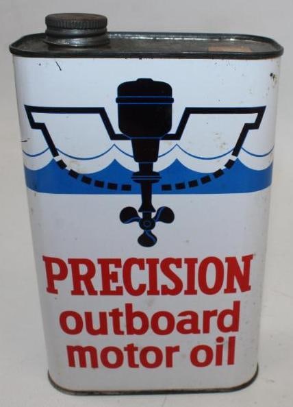 Precision Flat Outboard 1 Quart Motor Oil Can: This can has good color and gloss with only a few minor areas of staining. It measures 7" x 4.5" x 2.25" and is graded an 8.9.