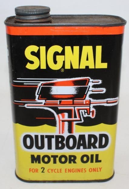 Signal Flat Outboard 1 Quart Motor Oil Can: This can is in excellent condition with only minor wear. It measures 7" x 4.5" x 2.25" and it is graded a 9.