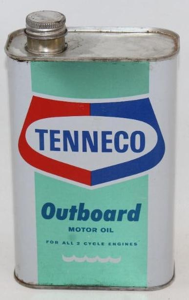 Tenneco Flat Outboard 1 Quart Motor Oil Can: This very difficult to find can is in excellent condition with only minor wear. It measures 7" x 4.5" x 2.25" and is graded a 9.