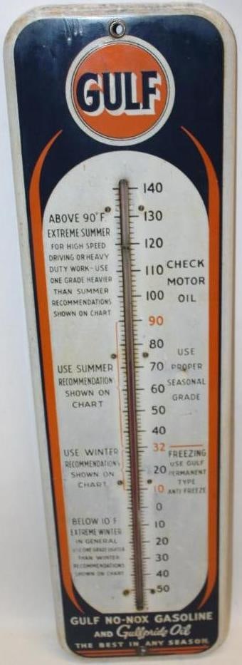 Gulf Gasoline and Oil The Best In Any Season Advertising Thermometer: This early Gulf thermometer shows some fading in the white areas and some light wear to the field. This thermometer measures 7.25" x 26.5". It is graded an 8.
